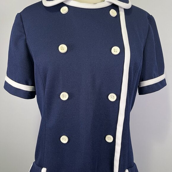 Vintage 70s Navy Blue Mod Sailor Dress Peter Pan Collar Double Breast Nautical - Picture 4 of 9